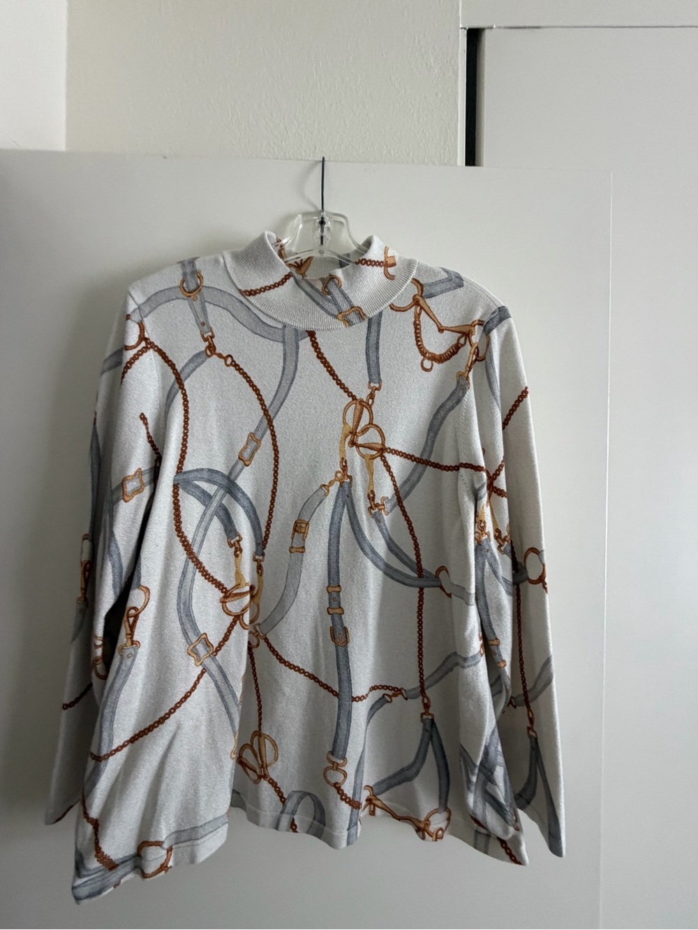 Chico's Cream Mock Neck Sweater with Gray Straps and Gold Chain Print